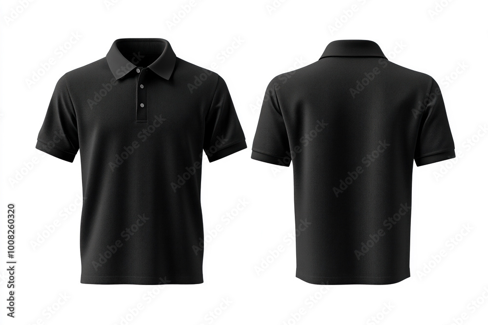 Black polo shirt shown from both sides on a white background Black polo shirt shown from both sides on a white background