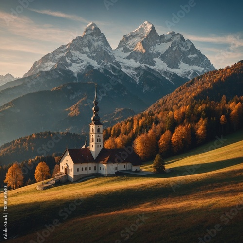 Iconic picture of Bavaria with Maria Gern church with Hochkalter peak on background. Fantastic autumn sunrise in Alps. Superb evening landscape of Germany countryside. photo