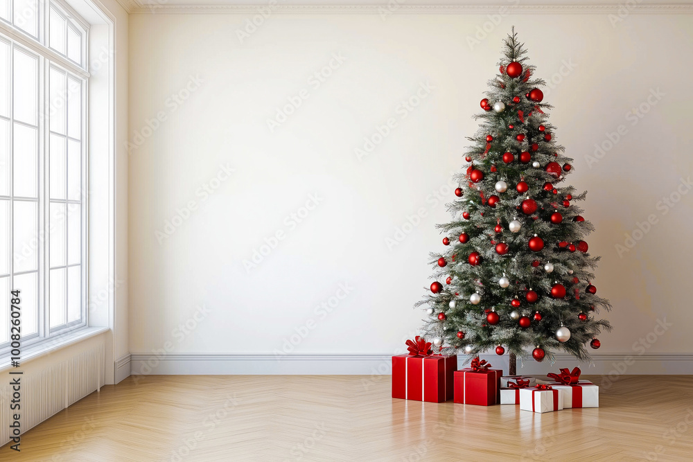 Fototapeta premium Stunning Christmas tree adorned with red ornaments and gifts