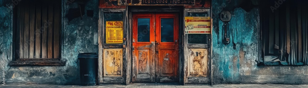 An aged wooden door with vibrant red accents, surrounded by peeling paint and historic textures, evoking a sense of nostalgia. An aged wooden door with vibrant red accents, surrounded by peeling paint and historic textures, evoking a sense of nostalgia.