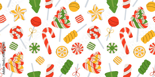 Christmas candy, sweets, lollipops, candy cane seamless pattern. Peppermint candies red and white collection. Assorted striped and swirl caramel.