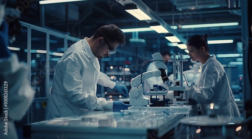 Wallpaper Mural Scientists working with microscope and test tube in modern laboratory at night Torontodigital.ca