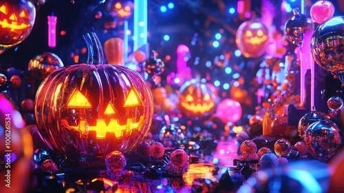 Wallpaper Mural Vibrant Halloween scene featuring glowing pumpkins, colorful lights, and festive decorations in a mystical atmosphere. Torontodigital.ca