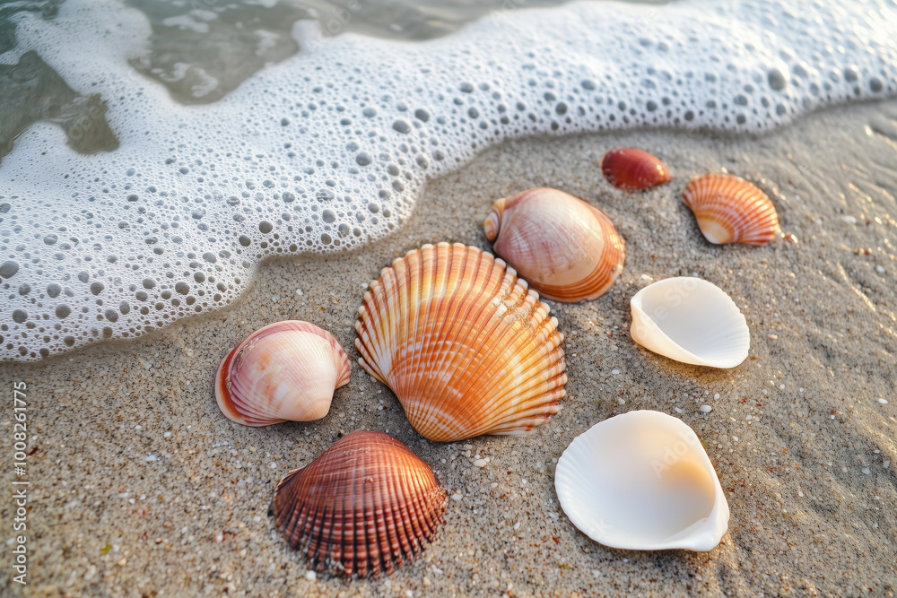 Seashells scattered along the beach shore with incoming waves Seashells scattered along the beach shore with incoming waves