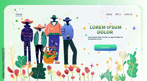 Longevity health lifestyle concept people gardening. Four diverse individuals standing with a basket of vegetables surrounded by lush plants and flowers. Website design template