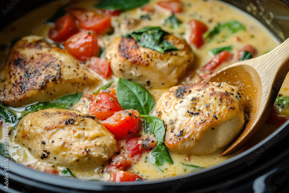 Slow-cooked chicken with creamy sauce, spinach, and tomatoes