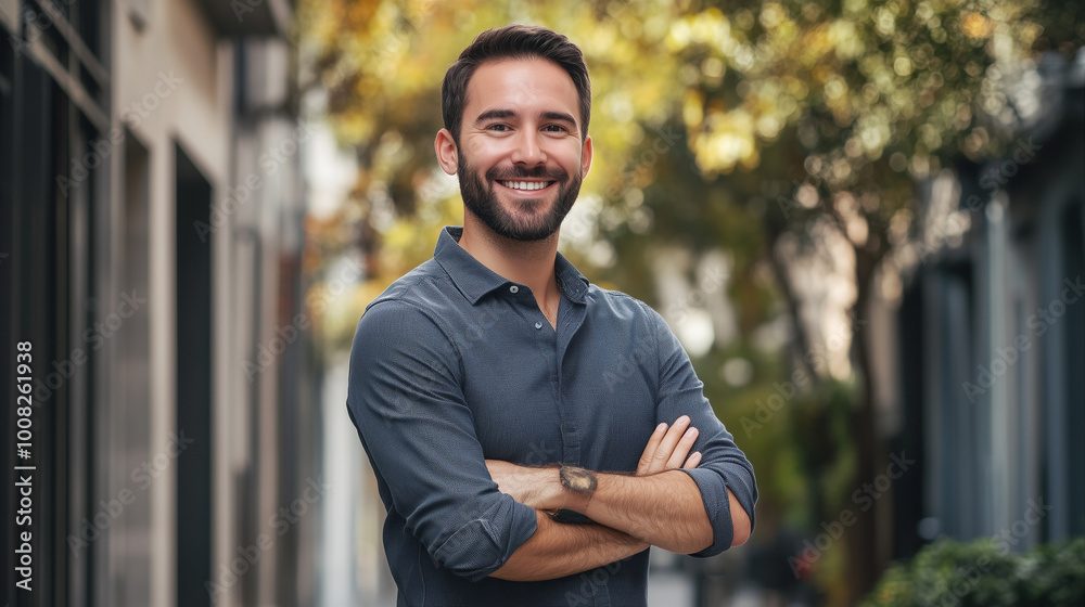 Fototapeta premium Young happy pretty smiling professional business man, happy confident positive male entrepreneur standing outdoor on street arms crossed, looking at camera, Generative AI 