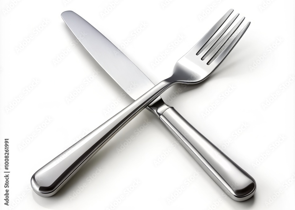 Fototapeta premium Stylish Shiny Cutlery Set Featuring Knife and Fork Isolated on White Background Top View Perspective