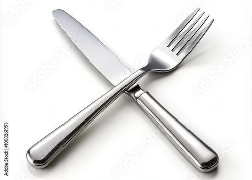 Stylish Shiny Cutlery Set Featuring Knife and Fork Isolated on White Background Top View Perspective