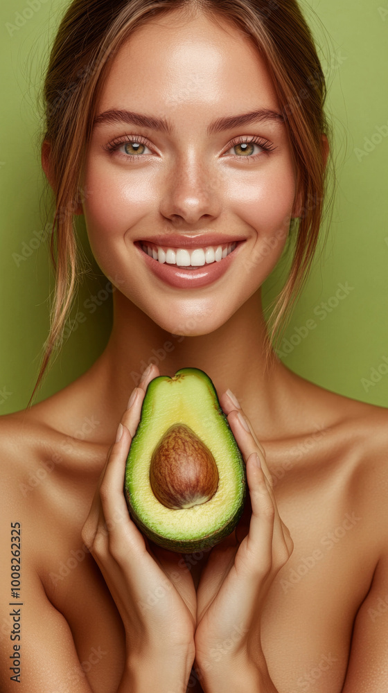 A cheerful woman displays a fresh avocado with a smile, emphasizing health and beauty in a lively green environment that promotes freshness and vitality A cheerful woman displays a fresh avocado with a smile, emphasizing health and beauty in a lively green environment that promotes freshness and vitality