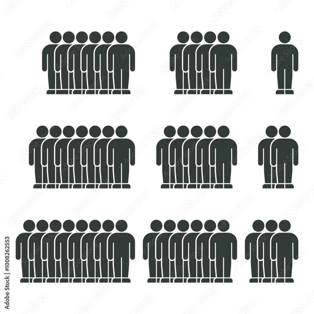 Multiple Groups of People Standing in Organized Rows with Isolated Single Figures Multiple Groups of People Standing in Organized Rows with Isolated Single Figures