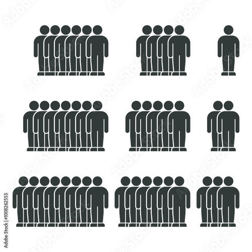 Multiple Groups of People Standing in Organized Rows with Isolated Single Figures