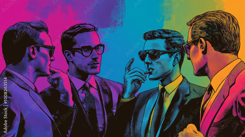 A colorful drawing of businessmen talking and gossiping, in a retro pop art style. A colorful drawing of businessmen talking and gossiping, in a retro pop art style.
