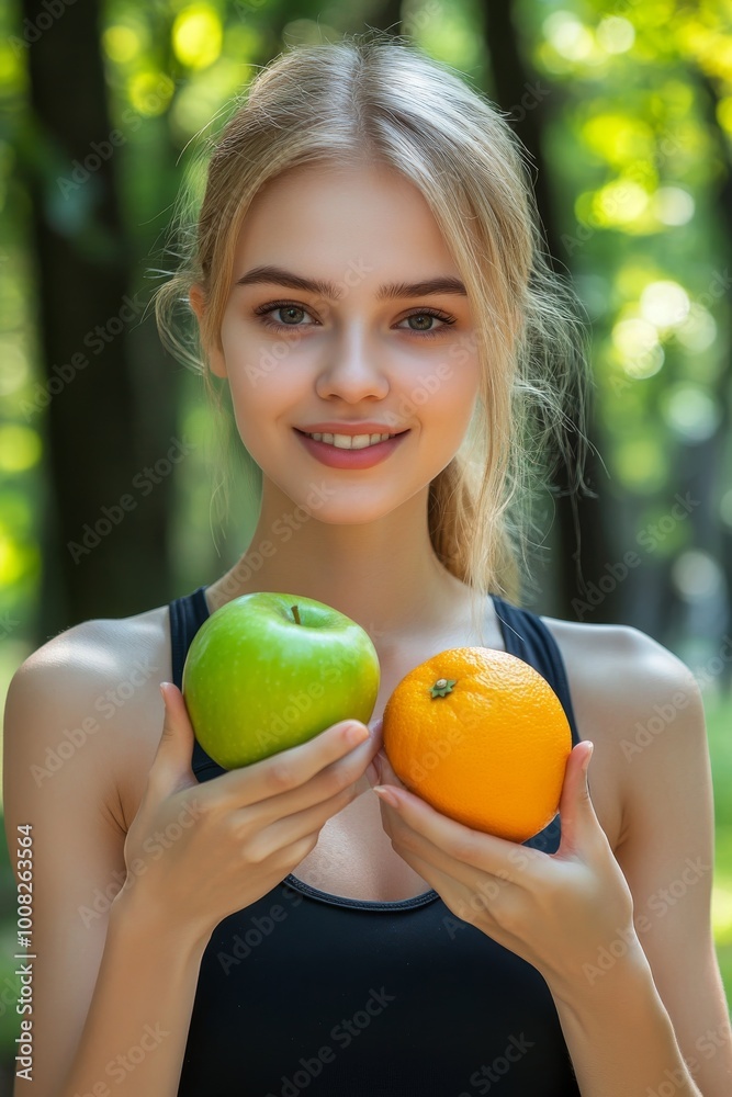 A young woman smiles while holding a vibrant green apple in one hand and a bright orange in the other, surrounded by lush greenery in a sunny park A young woman smiles while holding a vibrant green apple in one hand and a bright orange in the other, surrounded by lush greenery in a sunny park