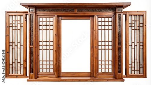 Traditional Asian Style Wooden Window Frame Isolated on White Background for Architectural Design