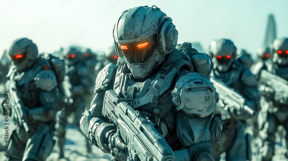 Army of futuristic soldiers walking in the desert Army of futuristic soldiers walking in the desert