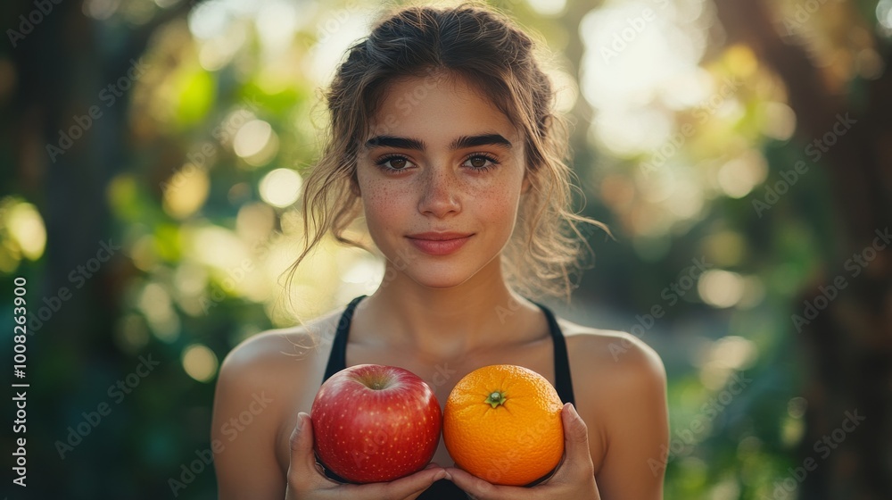 A young woman stands outdoors, holding two red apples and an orange against a backdrop of bright green foliage, smiling softly as sunlight filters through the leaves A young woman stands outdoors, holding two red apples and an orange against a backdrop of bright green foliage, smiling softly as sunlight filters through the leaves