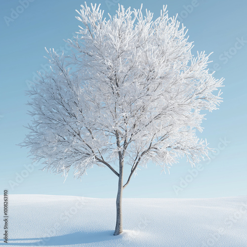 Close-up of a single snow-covered tree against a clear blue sky, intricate patterns of snow on the branches