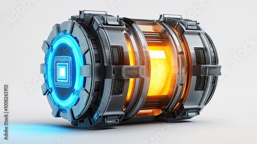 Futuristic cylindrical device with glowing blue and orange accents photo