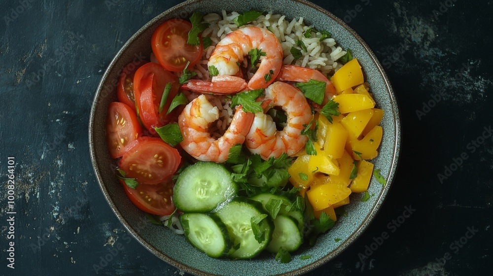 A vibrant bowl features shrimp atop rice with fresh cucumber, tomatoes, and mango. The bright colors create an appealing meal perfect for a healthy lunch