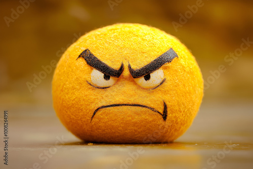 Angry smiley face made on yellow plate with tomato and pepper slice photo