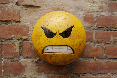 Angry smiley face made on yellow plate with tomato and pepper slice photo