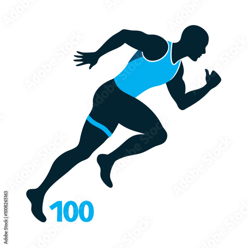 Runner 100m Sprint: Silhouette of a determined athlete in mid-stride, showcasing power and speed. The number 100 emphasizes the distance, creating a dynamic image perfect for sports, fitness.