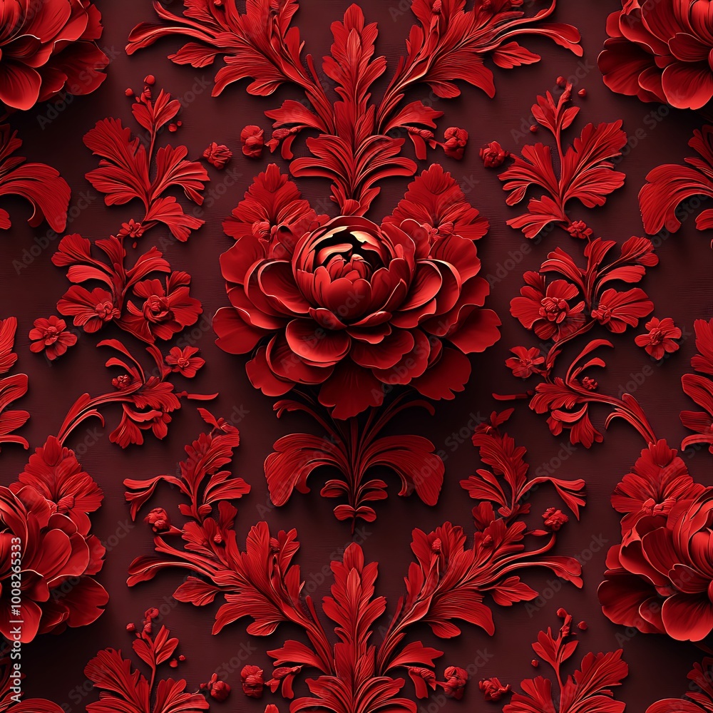 Bold red and black floral pattern creating a vibrant wallpaper art design Bold red and black floral pattern creating a vibrant wallpaper art design