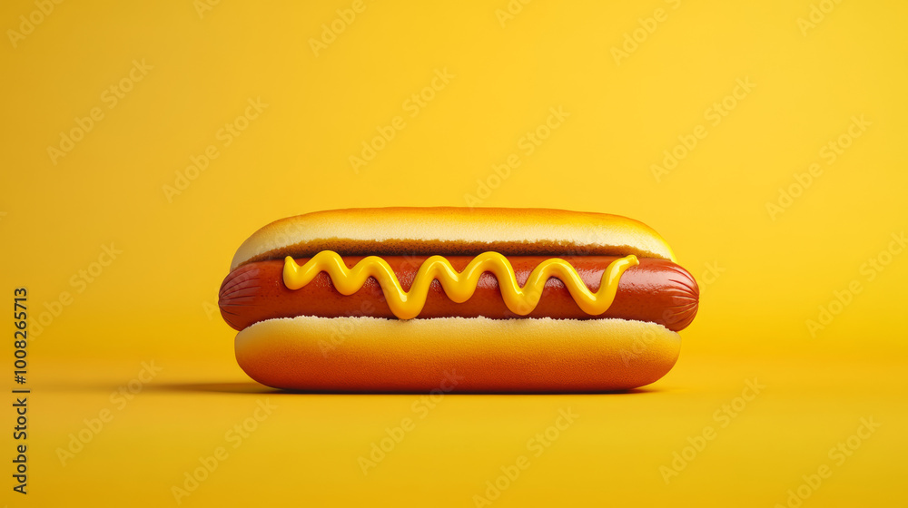 A retro-style illustration of a hot dog, perfect for a fast food menu. It shows a juicy sausage in a bun with mustard, representing both healthy and unhealthy food choices.