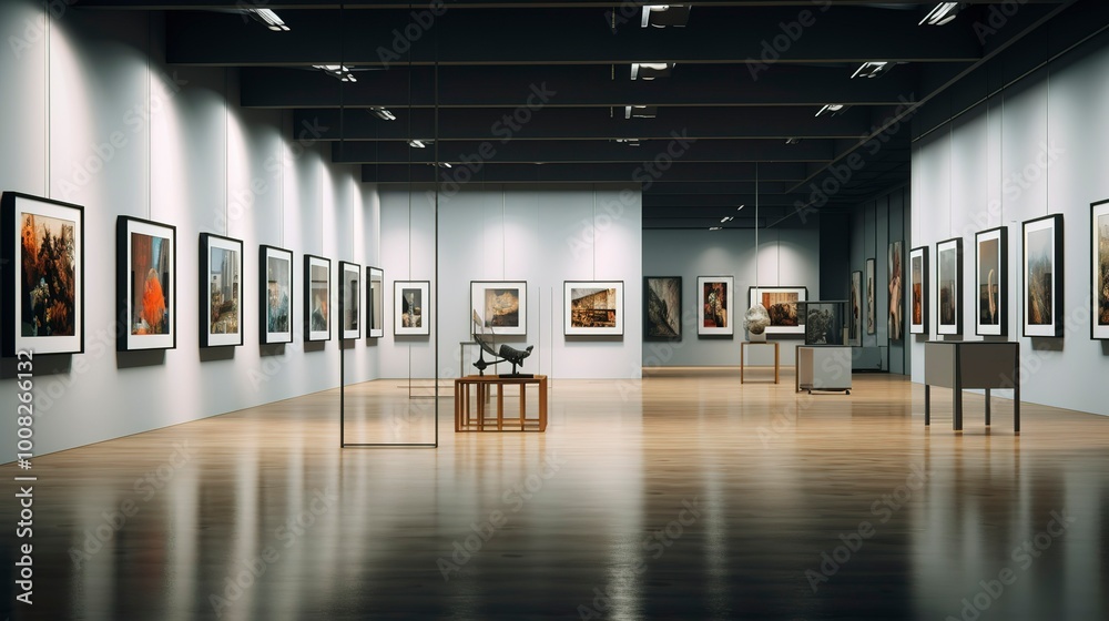 Modern art gallery interior with paintings displayed on white walls, Modern art gallery interior with paintings displayed on white walls,