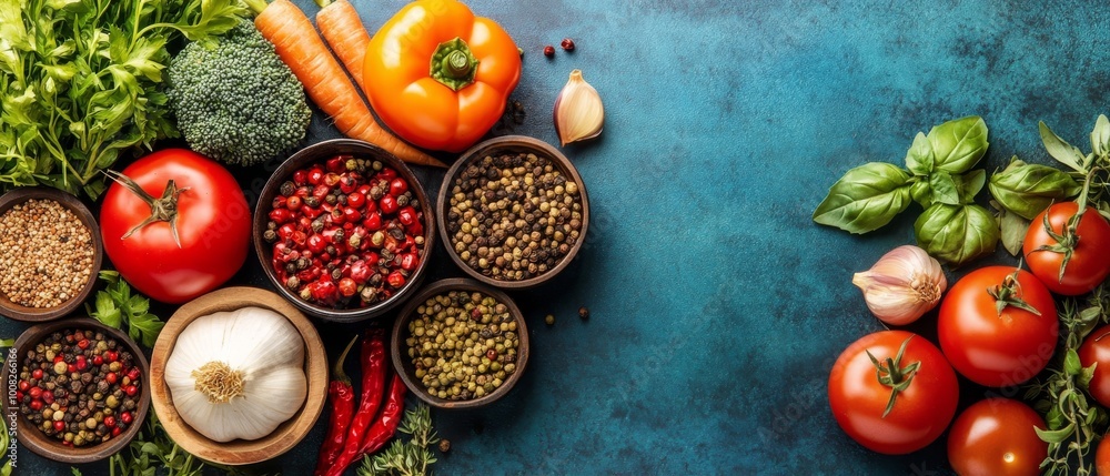 A variety of fresh vegetables and spices, including tomatoes, peppers, garlic, and herbs, are arranged on a vibrant blue countertop, suggesting a preparation for a flavorful meal A variety of fresh vegetables and spices, including tomatoes, peppers, garlic, and herbs, are arranged on a vibrant blue countertop, suggesting a preparation for a flavorful meal