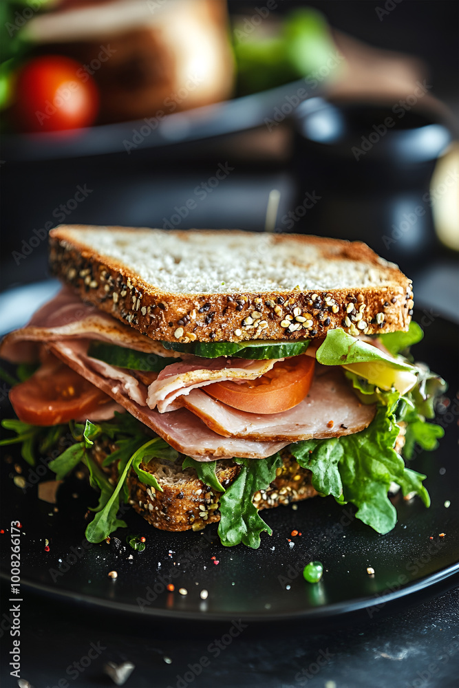 Sandwich with bacon, cheese, tomatoes and lettuce. Fast food. on a black plate. Rustic style Sandwich with bacon, cheese, tomatoes and lettuce. Fast food. on a black plate. Rustic style