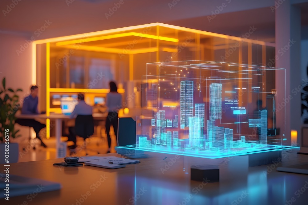 Holographic Project Model Fueling Business Innovation Strategy Discussions in Modern Office Holographic Project Model Fueling Business Innovation Strategy Discussions in Modern Office