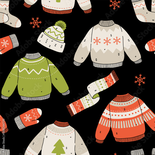 Vector seamless pattern of cute winter clothes sweaters, socks, hats, mittens, scarf. Collection of ugly sweaters with norwegian ornaments.