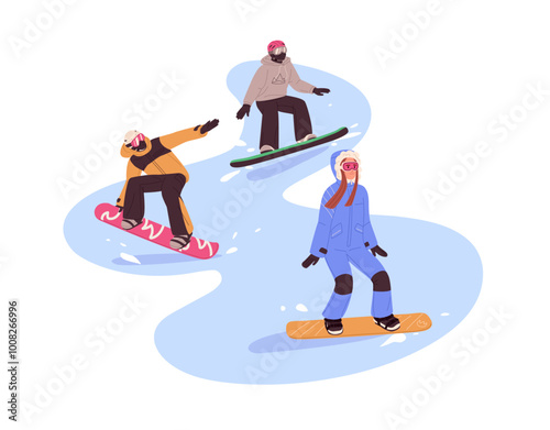 Friends in helmet, goggles snowboarding together. Group of riders slides down with snow boards. People ride with equipment on slope in winter. Flat isolated vector illustration on white background