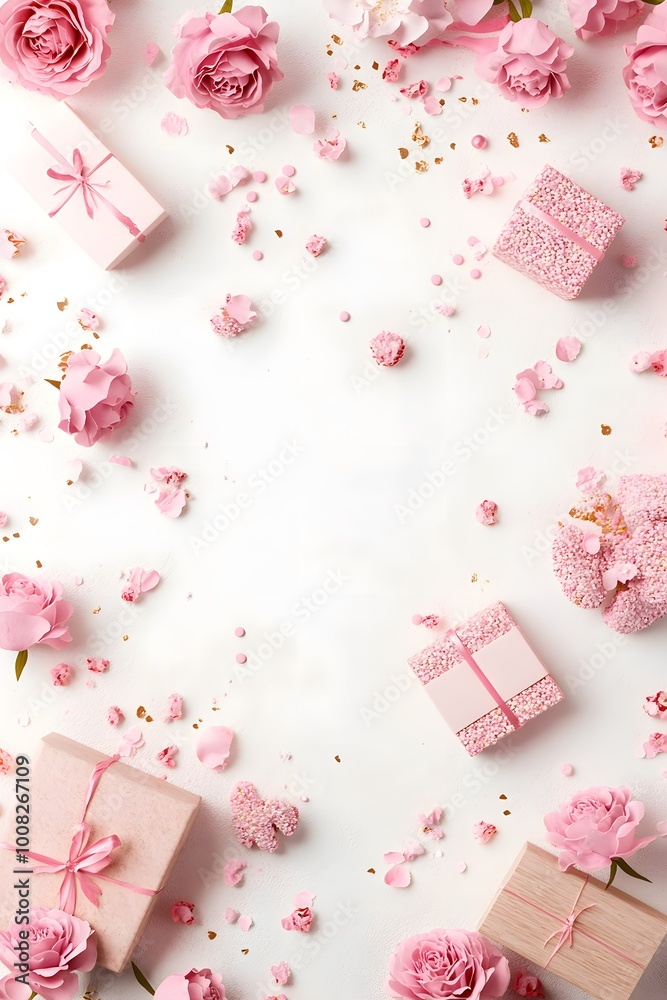 A flat lay of pink gifts and flowers, creating a vibrant, celebratory atmosphere perfect for special occasions or events. A flat lay of pink gifts and flowers, creating a vibrant, celebratory atmosphere perfect for special occasions or events.