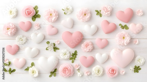 A soft and romantic arrangement of pink and white hearts surrounded by delicate flowers on a light wooden background.