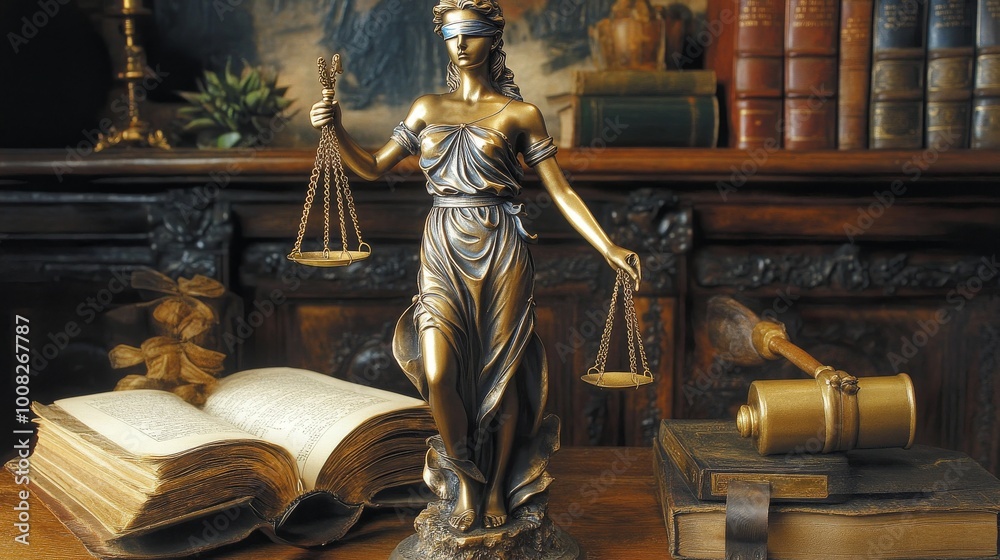 Fototapeta premium The idea of law and fairness, shown through symbols like a statue of justice, a judge's hammer, law books, and scales.