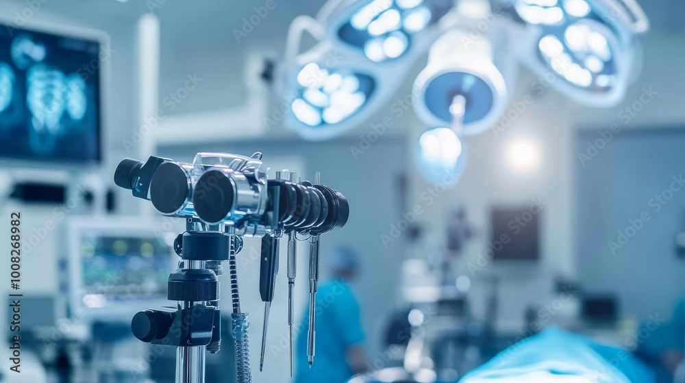 The photo shows modern surgical tools used in a neurosurgery operating room. The image focuses on the equipment, with the operating room in the background. The photo shows modern surgical tools used in a neurosurgery operating room. The image focuses on the equipment, with the operating room in the background.