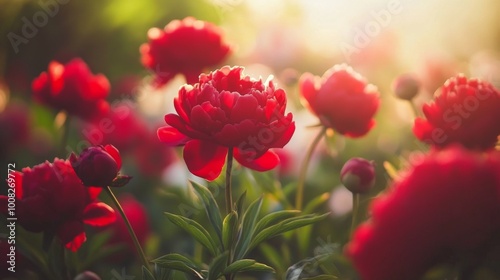 The red peonies in the garden are blooming beautifully, with the background blurred.