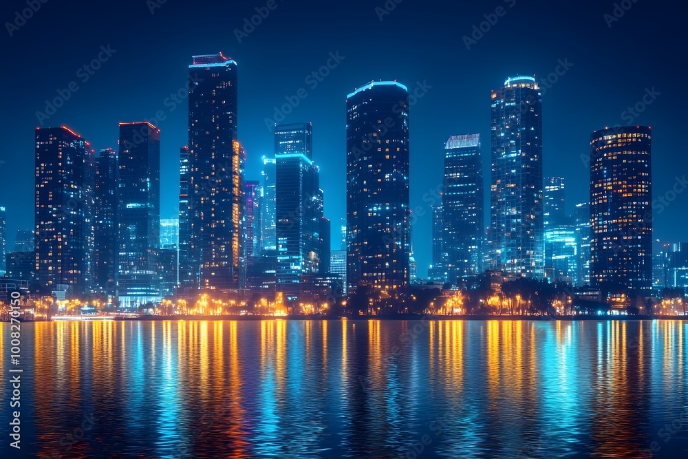 Naklejka premium Brightly Lit Skyscrapers Illuminating Vibrant City Skyline at Night Symbolizing Urban Energy and