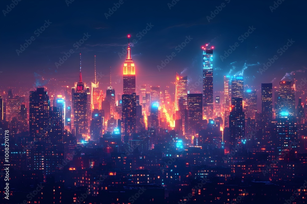 Obraz premium Glowing Metropolis Dazzling Nighttime Cityscape with Illuminated Skyscrapers