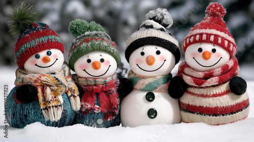 Four smiling snowmen in colorful hats and scarves, standing in the snow