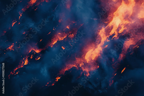 fiery orange and blue sky with a lava flow. The sky is filled with smoke and the lava is flowing down the side of a mountain