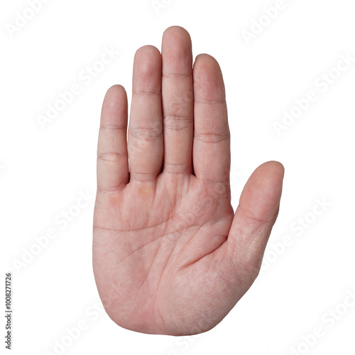 Male person hand showing open palm or five fingers gesture, cut out isolated