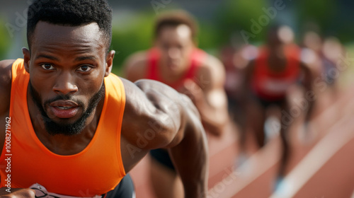 A group of runners sprinting down a track, each in their athletic gear, focused on the finish line.