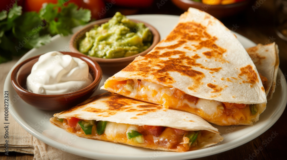 A plate of cheesy quesadillas with a side of sour cream and guacamole, hot and ready to eat. A plate of cheesy quesadillas with a side of sour cream and guacamole, hot and ready to eat.