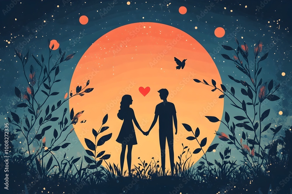 Romantic Silhouetted Couple Holding Hands Under Starry Night Sky with Glowing Moon and Enchanting Romantic Silhouetted Couple Holding Hands Under Starry Night Sky with Glowing Moon and Enchanting