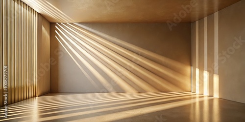Sunlight beams illuminate an abstract beige background  highlighting an empty wall. This modern design concept inspires