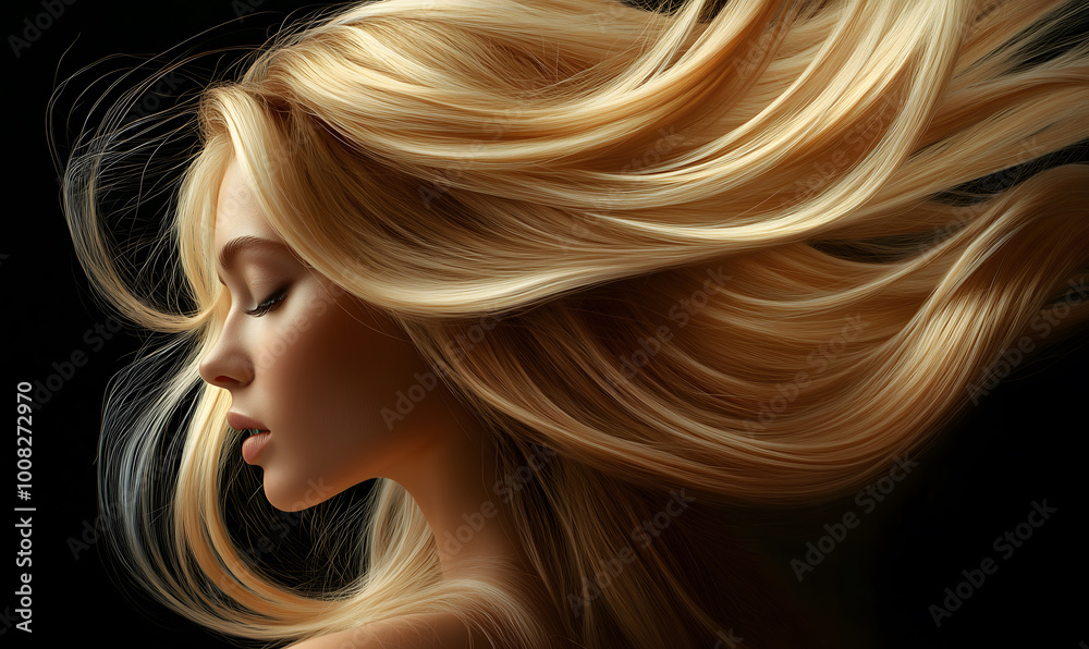 A beautiful woman with long, flowing blonde hair that is shiny and smooth, a black background, Conceptadvertisement for a hair salon or spa, Generative AI A beautiful woman with long, flowing blonde hair that is shiny and smooth, a black background, Conceptadvertisement for a hair salon or spa, Generative AI